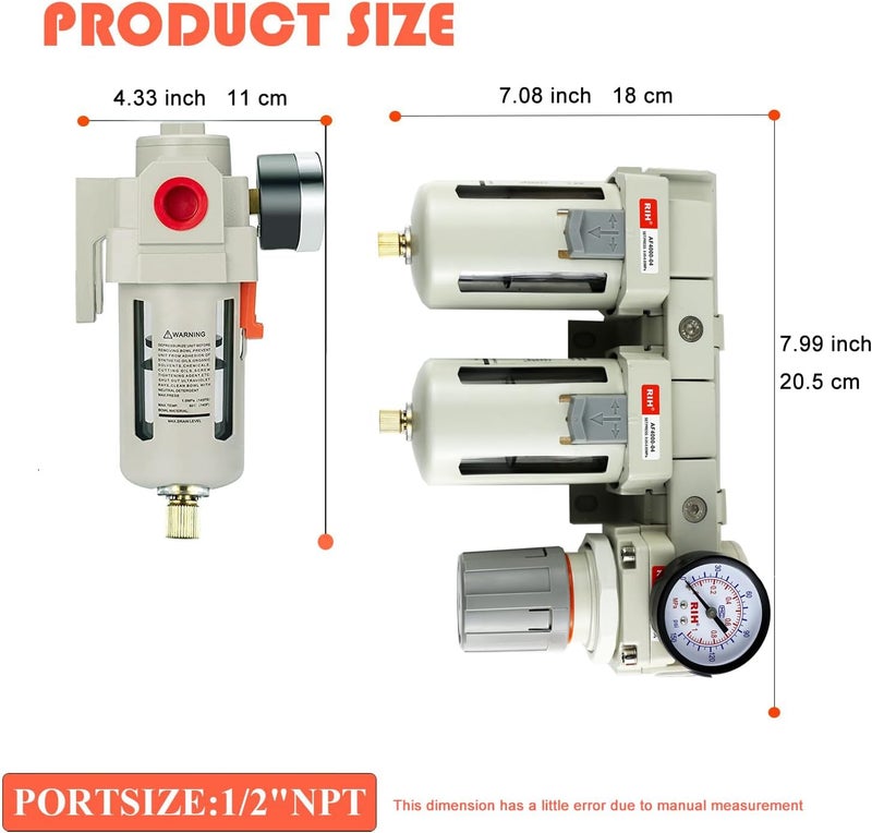 RIH Store Pneumatics DFR-04 1/2'' NPT Compressed Air Double Filter & Regulator, Air Drying System, Air Compressor Water Separator, Semi -Auto Drain, Poly Bowl,0-150 psi Gauge, 5 Micron Brass Element - Image 2